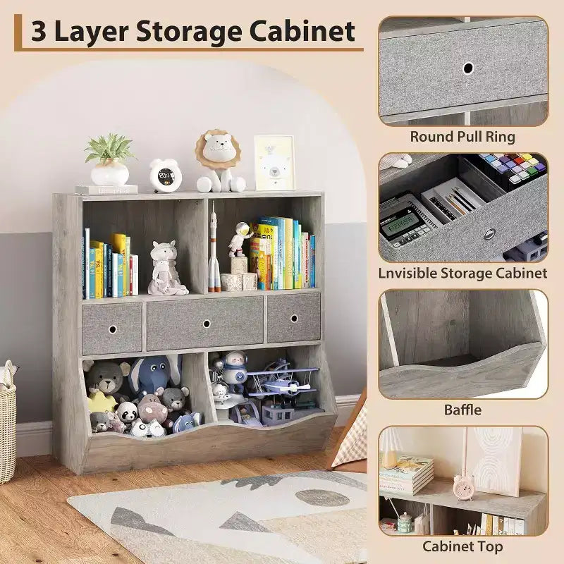 Acekool 7-Cubby Large Kids Toy Storage Organizer, 3-Tier Bookcase Cabinet with 3 Drawers and Tilted Bins for Playroom, Bedroom, Living Room, Gray