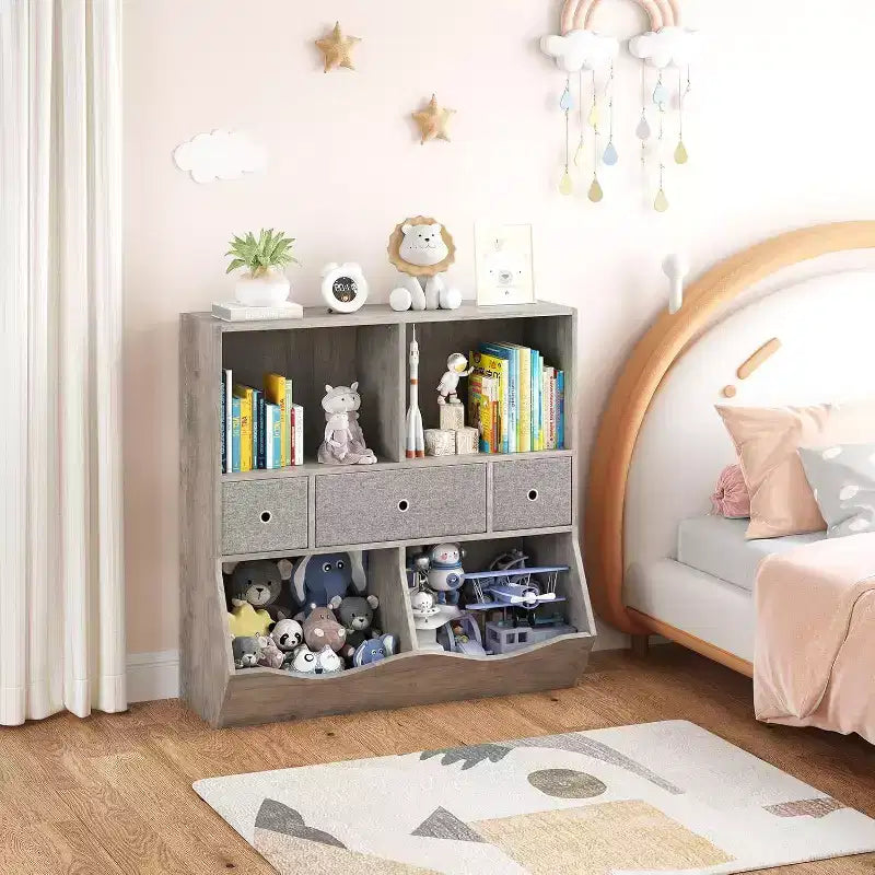 Acekool 7-Cubby Large Kids Toy Storage Organizer, 3-Tier Bookcase Cabinet with 3 Drawers and Tilted Bins for Playroom, Bedroom, Living Room, Gray