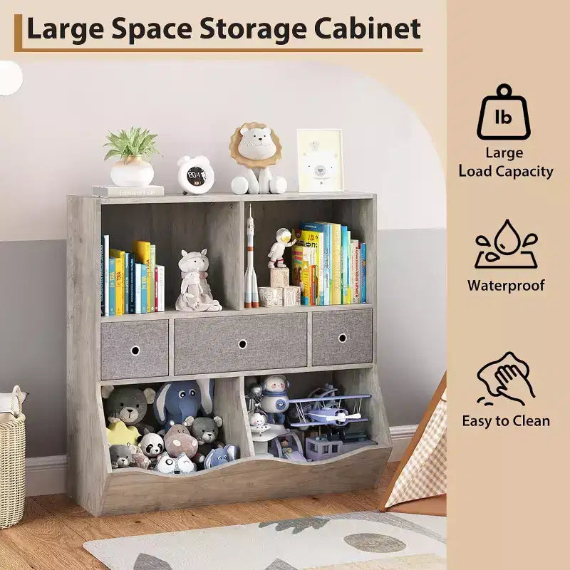Acekool 7-Cubby Large Kids Toy Storage Organizer, 3-Tier Bookcase Cabinet with 3 Drawers and Tilted Bins for Playroom, Bedroom, Living Room, Gray