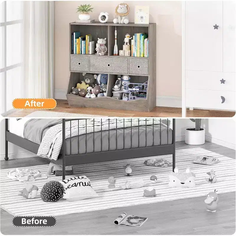 Acekool 7-Cubby Large Kids Toy Storage Organizer, 3-Tier Bookcase Cabinet with 3 Drawers and Tilted Bins for Playroom, Bedroom, Living Room, Gray