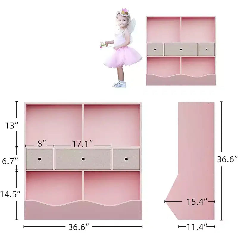 Acekool 7-Cubby Large Kids Toy Storage Organizer, 3-Tier Bookcase Cabinet with 3 Drawers and Tilted Bins for Playroom, Bedroom, Living Room, Gray