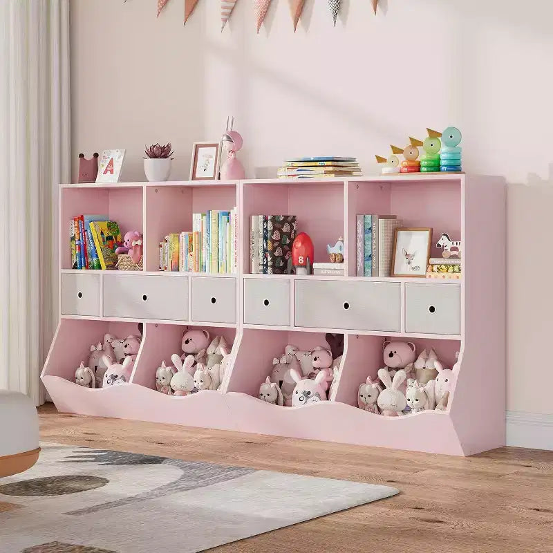 Acekool 7-Cubby Large Kids Toy Storage Organizer, 3-Tier Bookcase Cabinet with 3 Drawers and Tilted Bins for Playroom, Bedroom, Living Room, Gray
