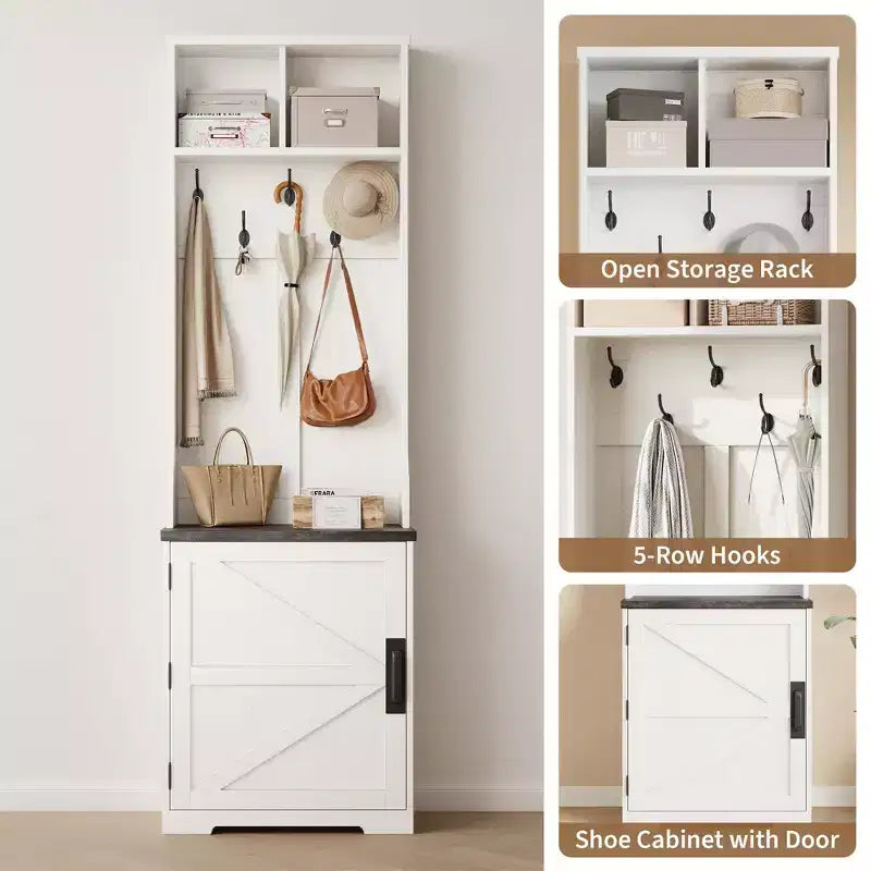 4-in-1 Hall Tree, Entryway Bench with Coat Rack, Mudroom Bench with Storage Cubbys and 4 Hooks for Hallway