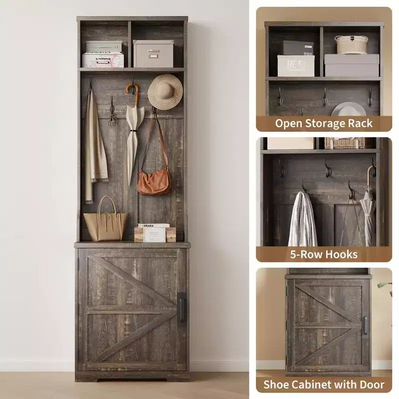 4-in-1 Hall Tree, Entryway Bench with Coat Rack, Mudroom Bench with Storage Cubbys and 4 Hooks for Hallway