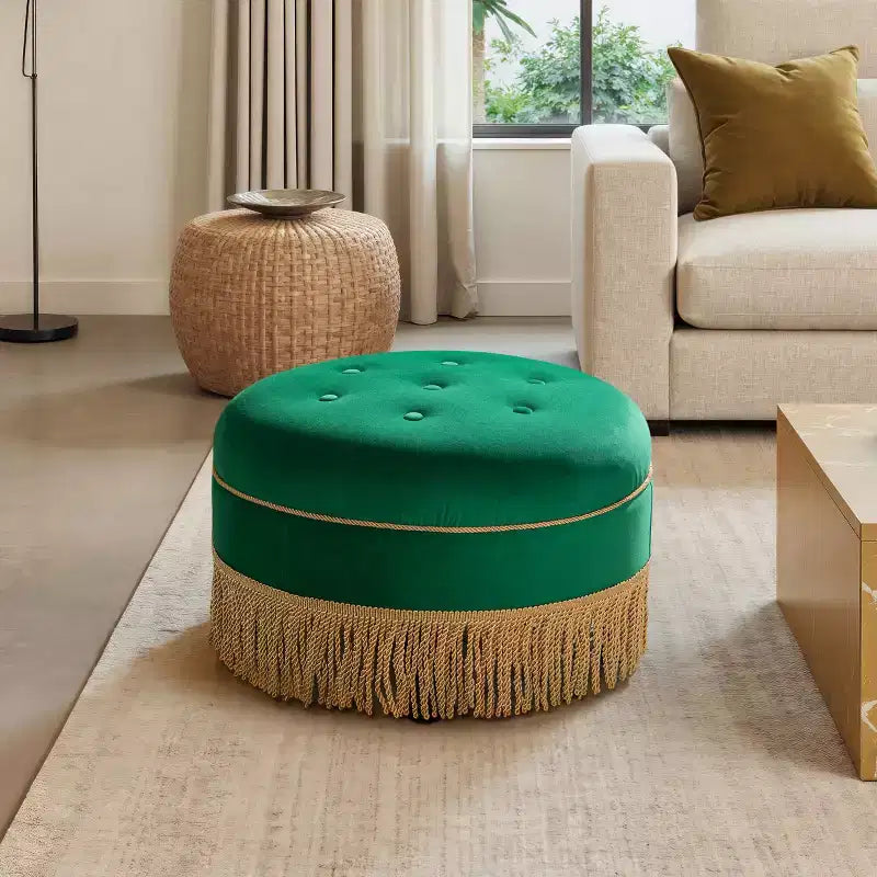 Jennifer Taylor Home Yolanda 24 Round Upholstered Accent Ottoman, Peach Orange Velvet with Gold Trim
