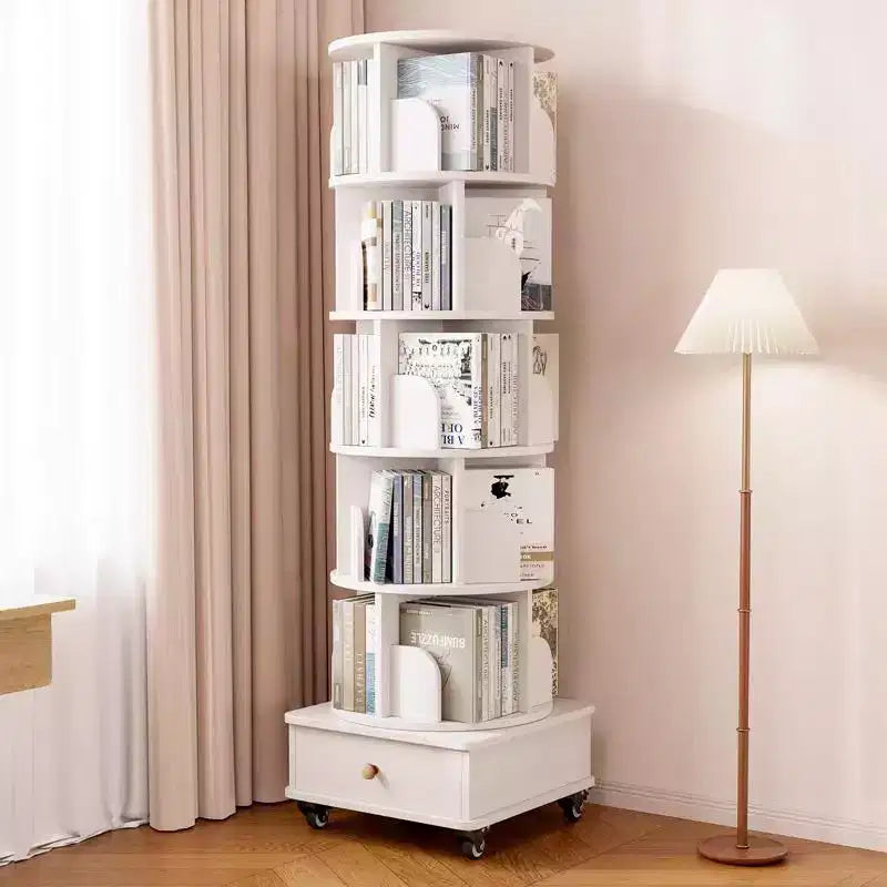 MAYEERTY 360 Display Corner Bookshelf for Small Space 6 Tier Bookcase Storage Rack with Wheels for Living Room Bedroom White