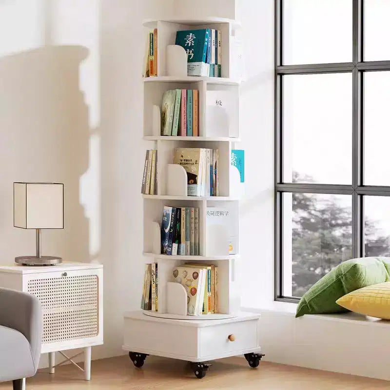MAYEERTY 360 Display Corner Bookshelf for Small Space 6 Tier Bookcase Storage Rack with Wheels for Living Room Bedroom White