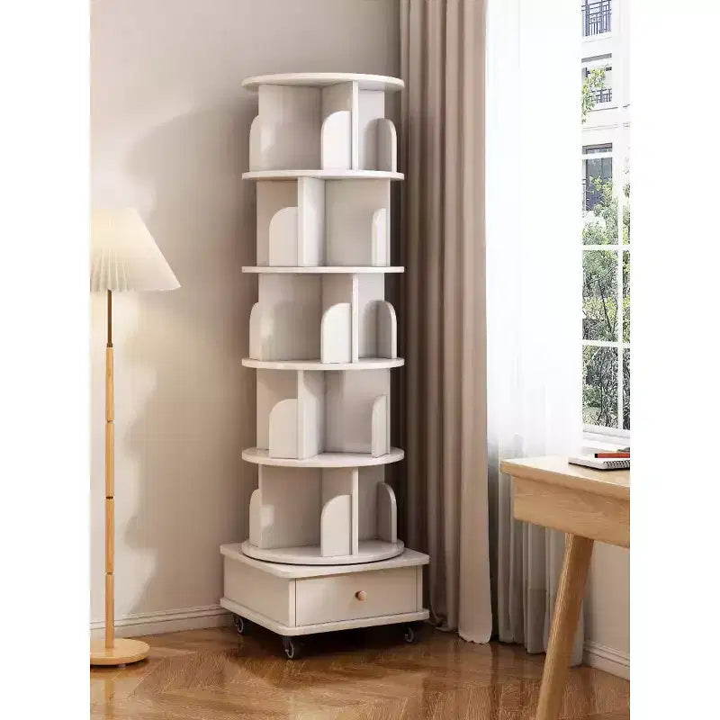 MAYEERTY 360 Display Corner Bookshelf for Small Space 6 Tier Bookcase Storage Rack with Wheels for Living Room Bedroom White