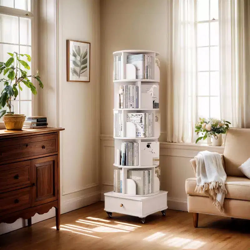 MAYEERTY 360 Display Corner Bookshelf for Small Space 6 Tier Bookcase Storage Rack with Wheels for Living Room Bedroom White