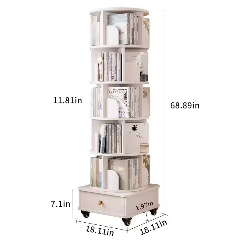 MAYEERTY 360 Display Corner Bookshelf for Small Space 6 Tier Bookcase Storage Rack with Wheels for Living Room Bedroom White