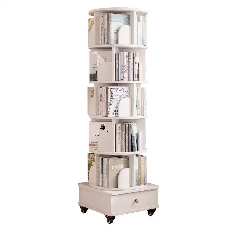 MAYEERTY 360 Display Corner Bookshelf for Small Space 6 Tier Bookcase Storage Rack with Wheels for Living Room Bedroom White