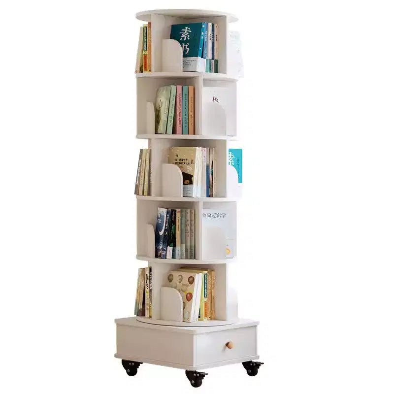 MAYEERTY 360 Display Corner Bookshelf for Small Space 6 Tier Bookcase Storage Rack with Wheels for Living Room Bedroom White