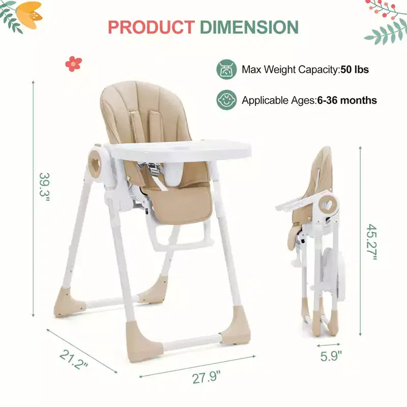 Folding High Chairs for Babies and Toddlers with Removable Tray, Lightweight Baby High Chair, 5-Point Safety Harness, Multiple Recline Positions