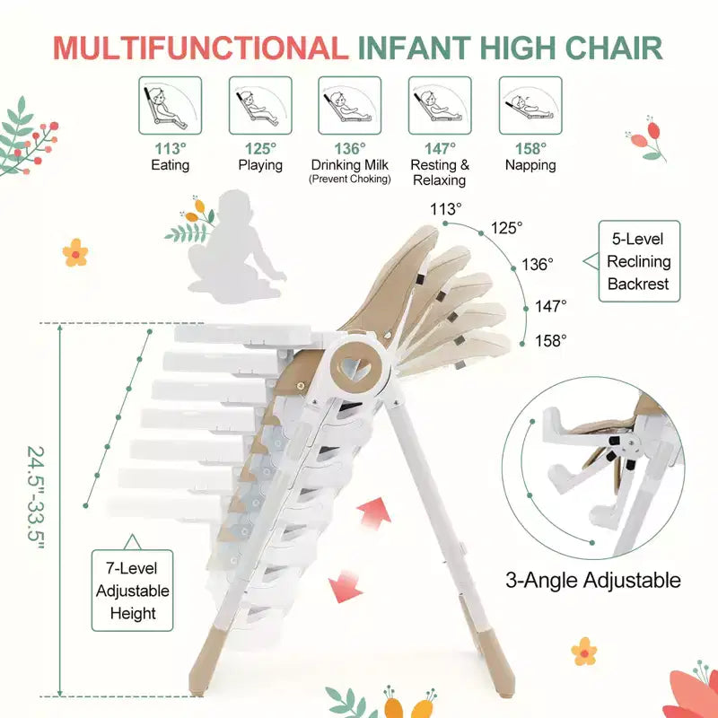 Folding High Chairs for Babies and Toddlers with Removable Tray, Lightweight Baby High Chair, 5-Point Safety Harness, Multiple Recline Positions