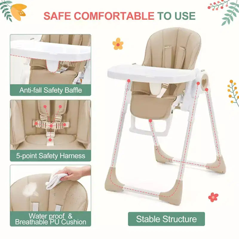 Folding High Chairs for Babies and Toddlers with Removable Tray, Lightweight Baby High Chair, 5-Point Safety Harness, Multiple Recline Positions