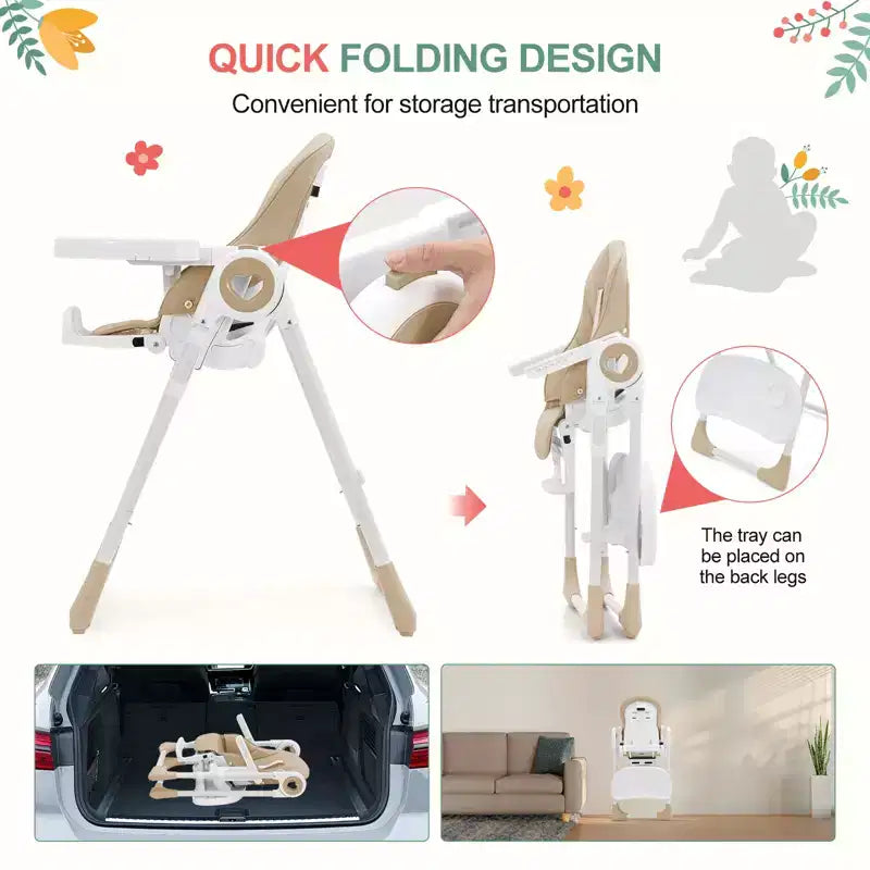 Folding High Chairs for Babies and Toddlers with Removable Tray, Lightweight Baby High Chair, 5-Point Safety Harness, Multiple Recline Positions