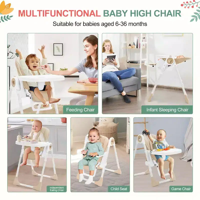 Folding High Chairs for Babies and Toddlers with Removable Tray, Lightweight Baby High Chair, 5-Point Safety Harness, Multiple Recline Positions