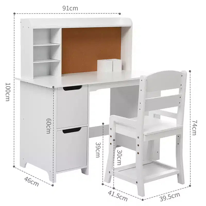 Kids Study Desk with Chair & Bookshelf - White Writing Desk Set with Bulletin Board, Storage Cabinets for Ages 3-8