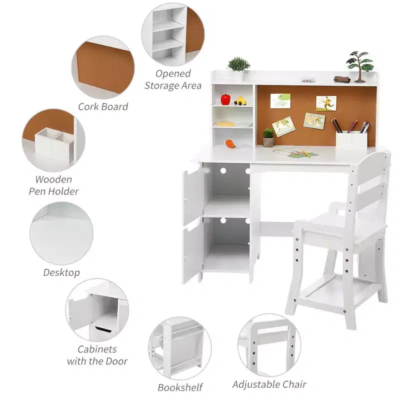 Kids Study Desk with Chair & Bookshelf - White Writing Desk Set with Bulletin Board, Storage Cabinets for Ages 3-8