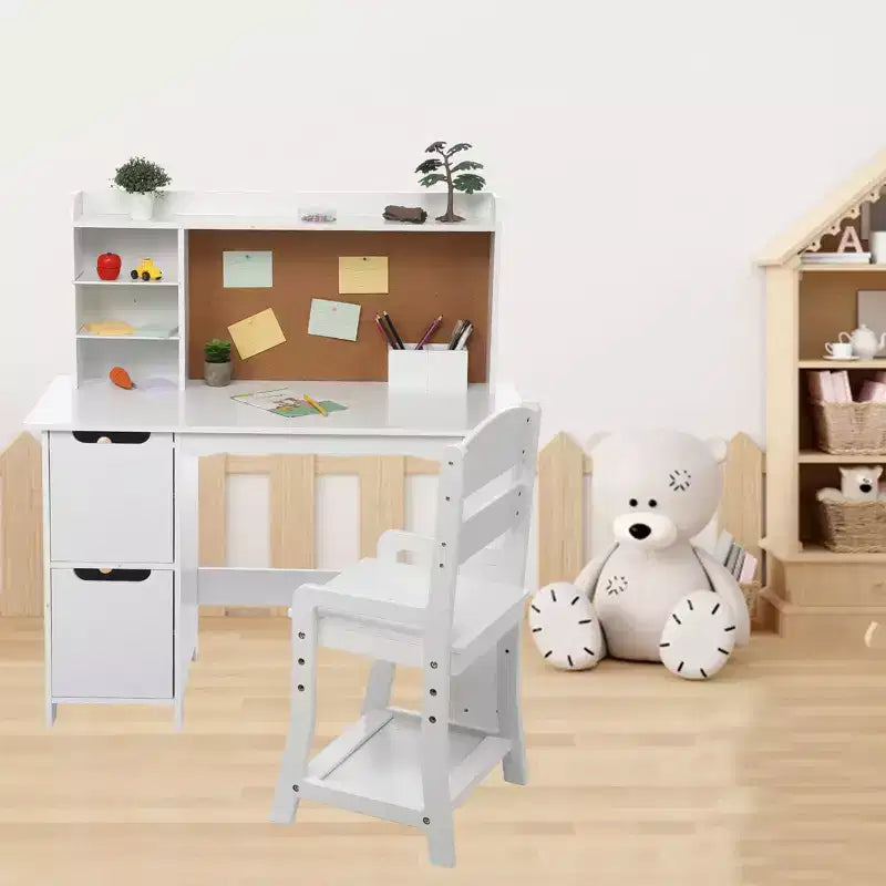 Kids Study Desk with Chair & Bookshelf - White Writing Desk Set with Bulletin Board, Storage Cabinets for Ages 3-8