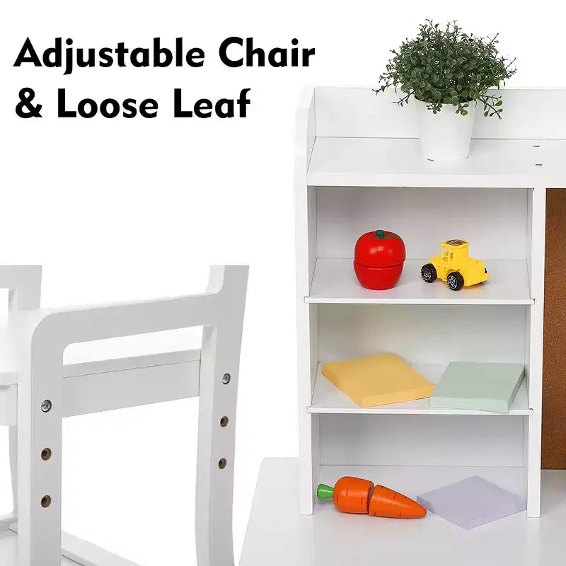 Kids Study Desk with Chair & Bookshelf - White Writing Desk Set with Bulletin Board, Storage Cabinets for Ages 3-8