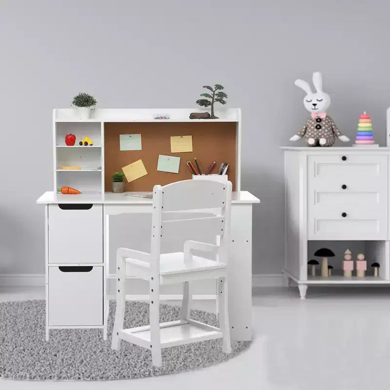 Kids Study Desk with Chair & Bookshelf - White Writing Desk Set with Bulletin Board, Storage Cabinets for Ages 3-8