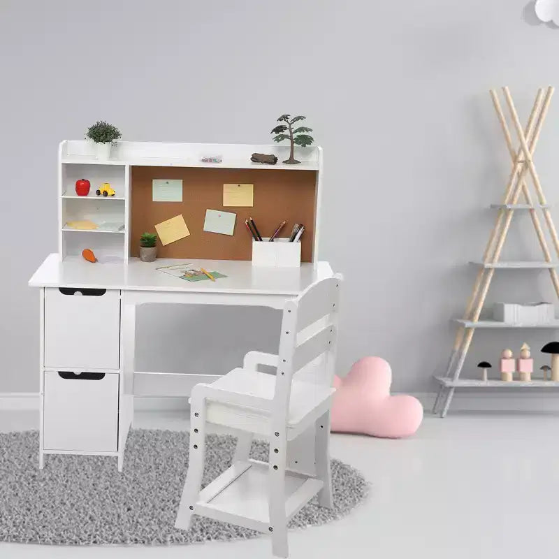 Kids Study Desk with Chair & Bookshelf - White Writing Desk Set with Bulletin Board, Storage Cabinets for Ages 3-8