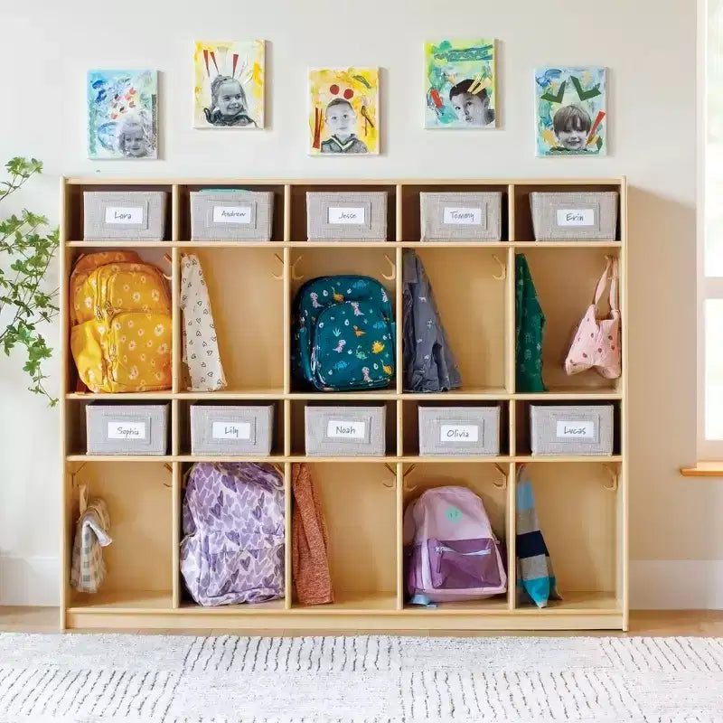 Guidecraft EdQ 10-Section Wooden Storage Locker for Classroom, Kids Natural Wood Cubby Organizer with Shelves and Hooks for Coats