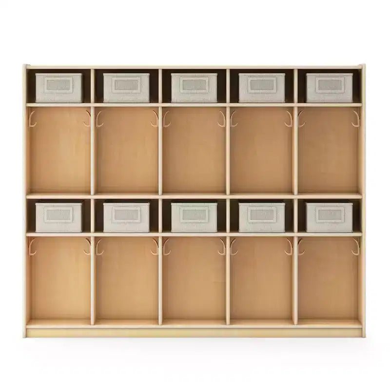 Guidecraft EdQ 10-Section Wooden Storage Locker for Classroom, Kids Natural Wood Cubby Organizer with Shelves and Hooks for Coats
