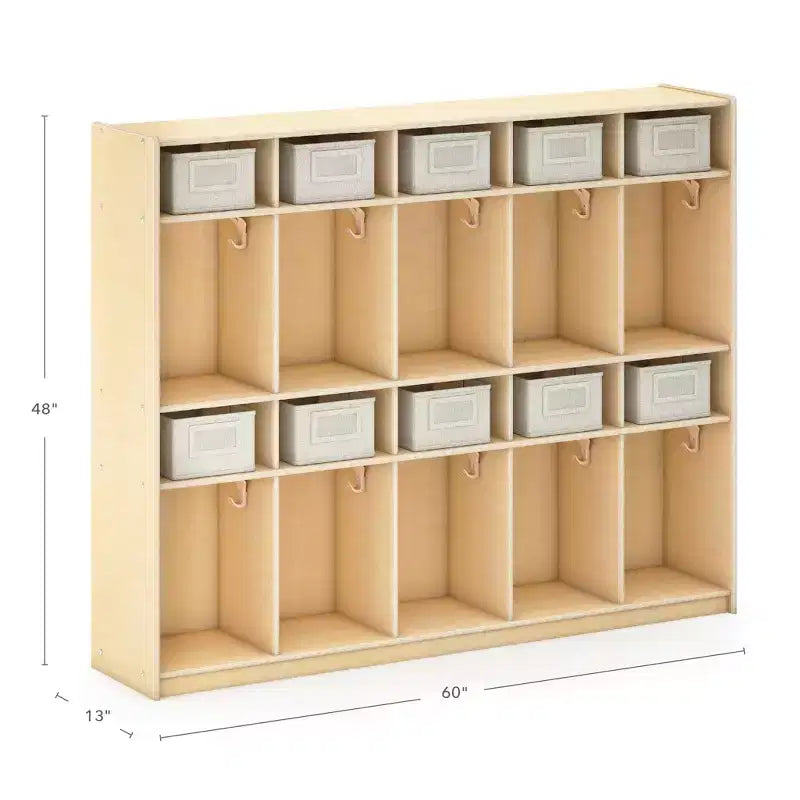 Guidecraft EdQ 10-Section Wooden Storage Locker for Classroom, Kids Natural Wood Cubby Organizer with Shelves and Hooks for Coats