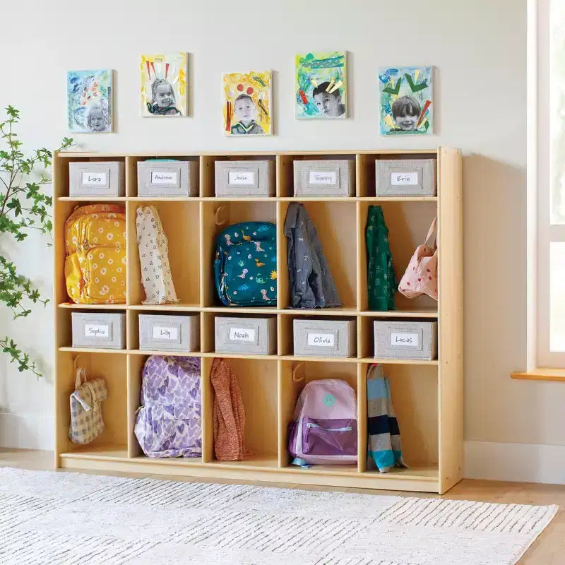 Guidecraft EdQ 10-Section Wooden Storage Locker for Classroom, Kids Natural Wood Cubby Organizer with Shelves and Hooks for Coats