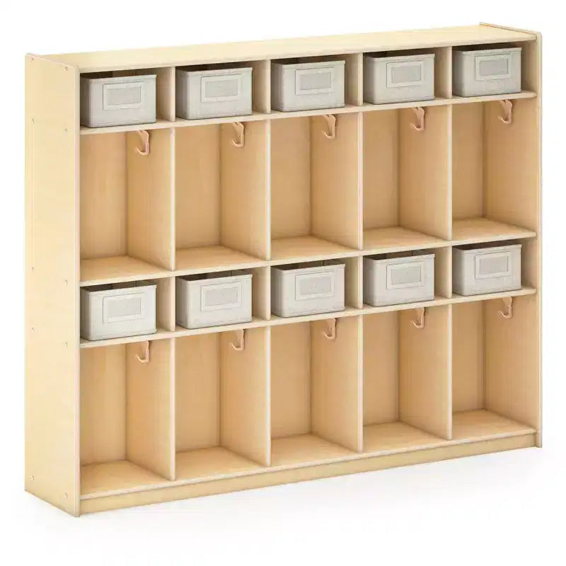 Guidecraft EdQ 10-Section Wooden Storage Locker for Classroom, Kids Natural Wood Cubby Organizer with Shelves and Hooks for Coats