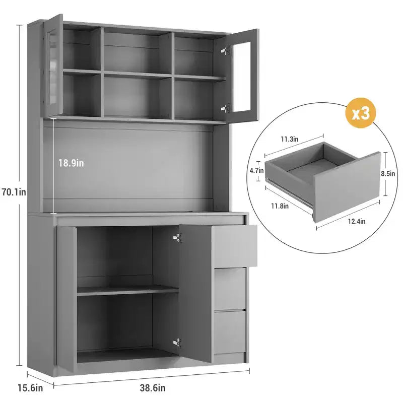 71 Tall Kitchen Pantry Cabinet, Kitchen Storage Hutch with Led Lights and Power Outlets Microwave Stand, Glass Door