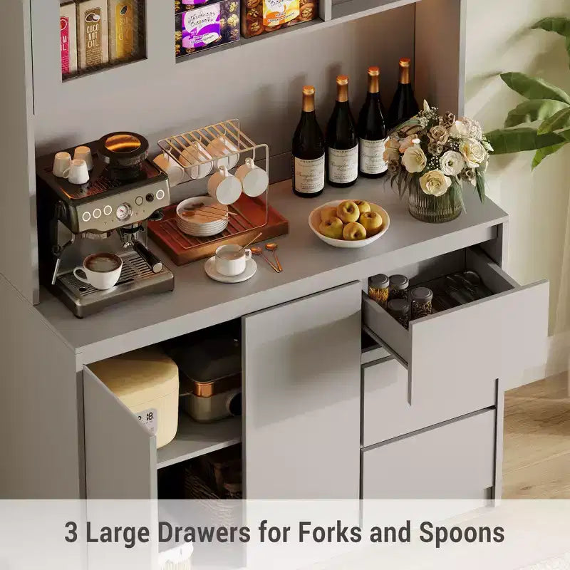 71 Tall Kitchen Pantry Cabinet, Kitchen Storage Hutch with Led Lights and Power Outlets Microwave Stand, Glass Door