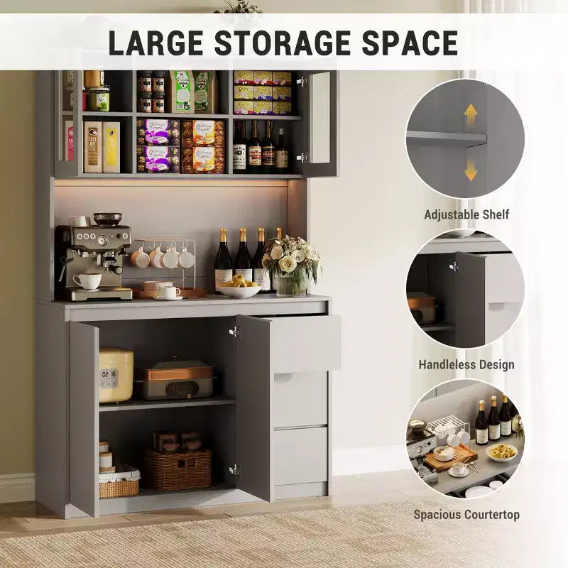 71 Tall Kitchen Pantry Cabinet, Kitchen Storage Hutch with Led Lights and Power Outlets Microwave Stand, Glass Door