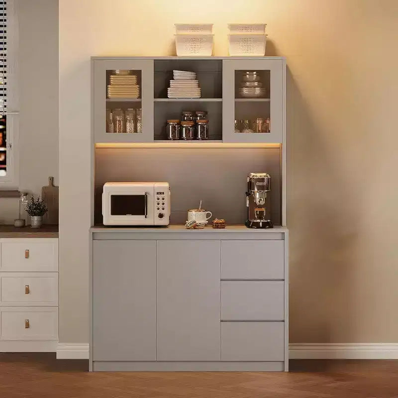 71 Tall Kitchen Pantry Cabinet, Kitchen Storage Hutch with Led Lights and Power Outlets Microwave Stand, Glass Door