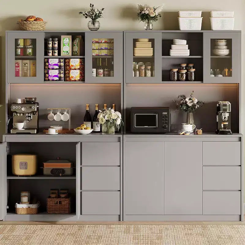71 Tall Kitchen Pantry Cabinet, Kitchen Storage Hutch with Led Lights and Power Outlets Microwave Stand, Glass Door