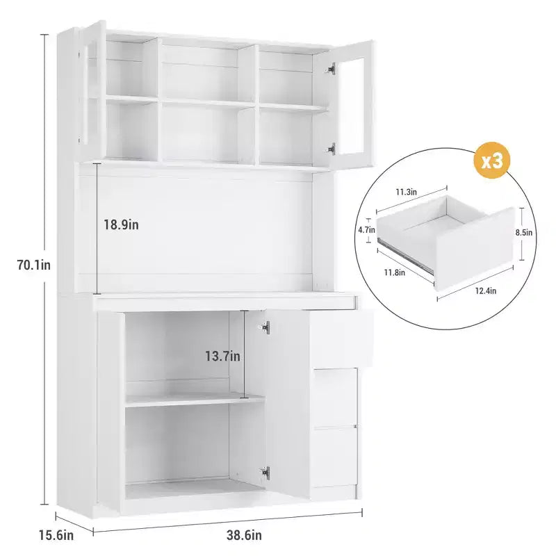 71 Tall Kitchen Pantry Cabinet, Kitchen Storage Hutch with Led Lights and Power Outlets Microwave Stand, Glass Door