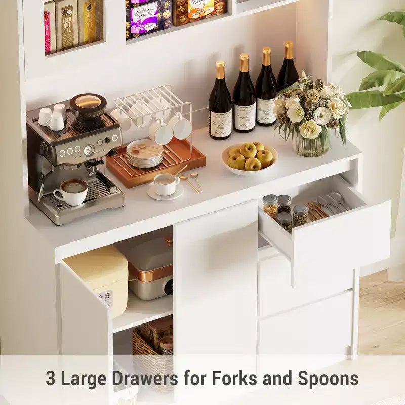 71 Tall Kitchen Pantry Cabinet, Kitchen Storage Hutch with Led Lights and Power Outlets Microwave Stand, Glass Door