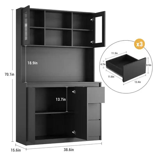 Grand meuble de cuisine de 180 cm de haut, buffet de rangement de cuisine avec lumières LED et prises de courant, support pour micro-ondes, porte en verre