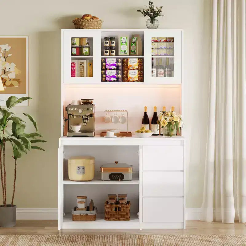 71 Tall Kitchen Pantry Cabinet, Kitchen Storage Hutch with Led Lights and Power Outlets Microwave Stand, Glass Door