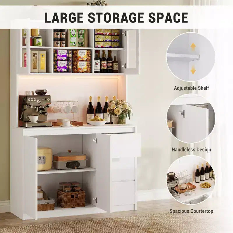71 Tall Kitchen Pantry Cabinet, Kitchen Storage Hutch with Led Lights and Power Outlets Microwave Stand, Glass Door