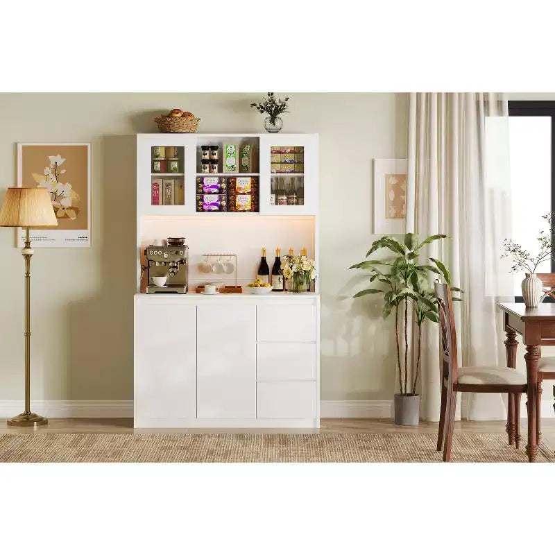 71 Tall Kitchen Pantry Cabinet, Kitchen Storage Hutch with Led Lights and Power Outlets Microwave Stand, Glass Door