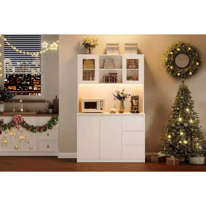 71 Tall Kitchen Pantry Cabinet, Kitchen Storage Hutch with Led Lights and Power Outlets Microwave Stand, Glass Door