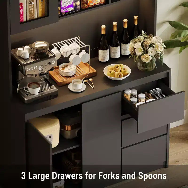 71 Tall Kitchen Pantry Cabinet, Kitchen Storage Hutch with Led Lights and Power Outlets Microwave Stand, Glass Door