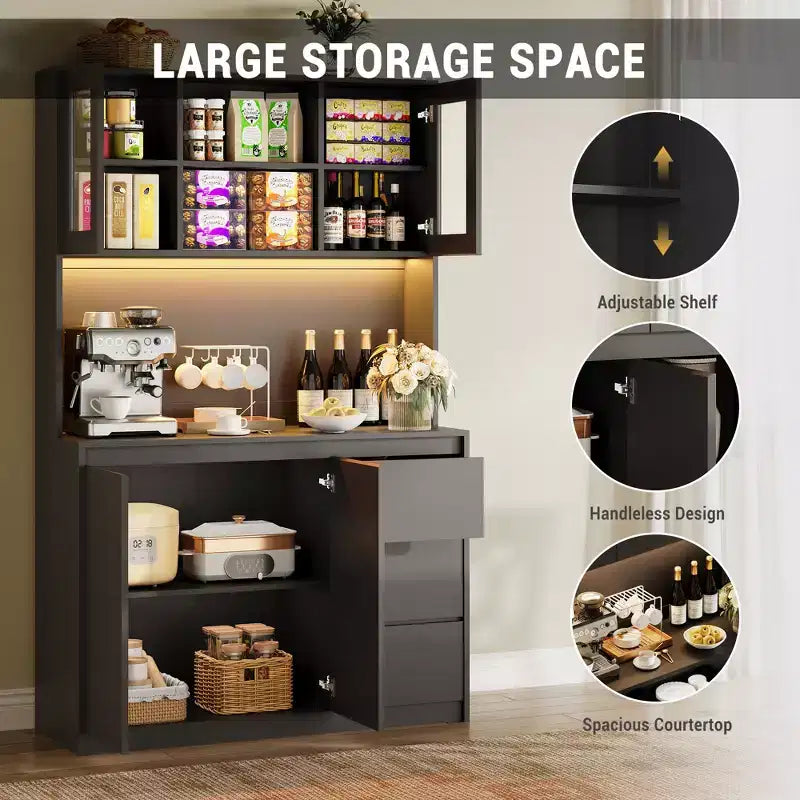 71 Tall Kitchen Pantry Cabinet, Kitchen Storage Hutch with Led Lights and Power Outlets Microwave Stand, Glass Door