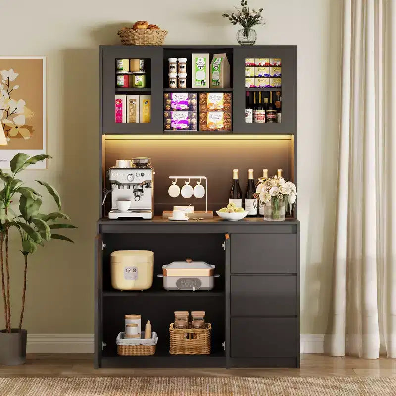 71 Tall Kitchen Pantry Cabinet, Kitchen Storage Hutch with Led Lights and Power Outlets Microwave Stand, Glass Door