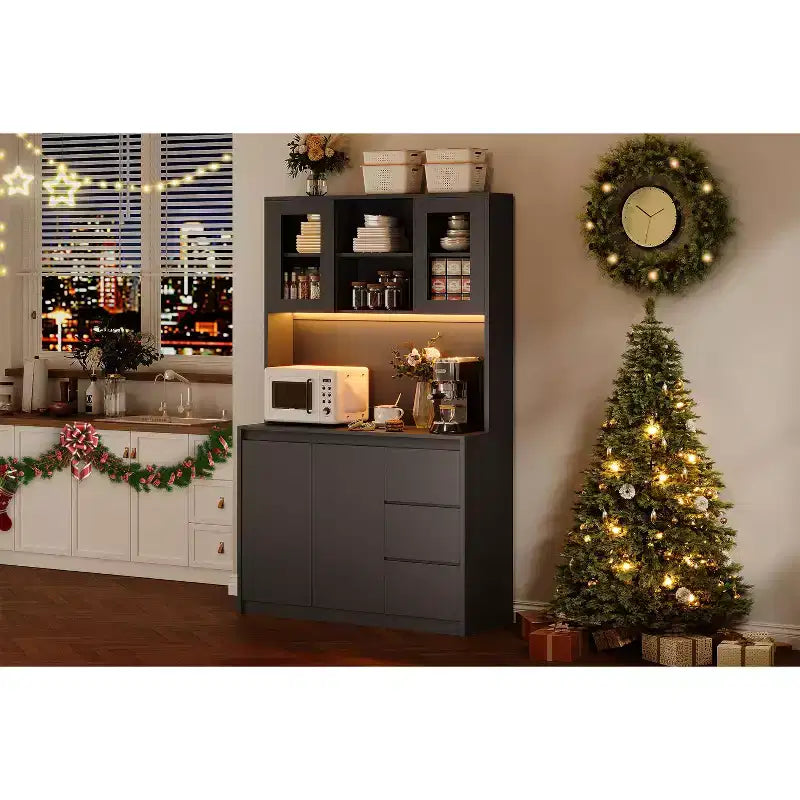 71 Tall Kitchen Pantry Cabinet, Kitchen Storage Hutch with Led Lights and Power Outlets Microwave Stand, Glass Door
