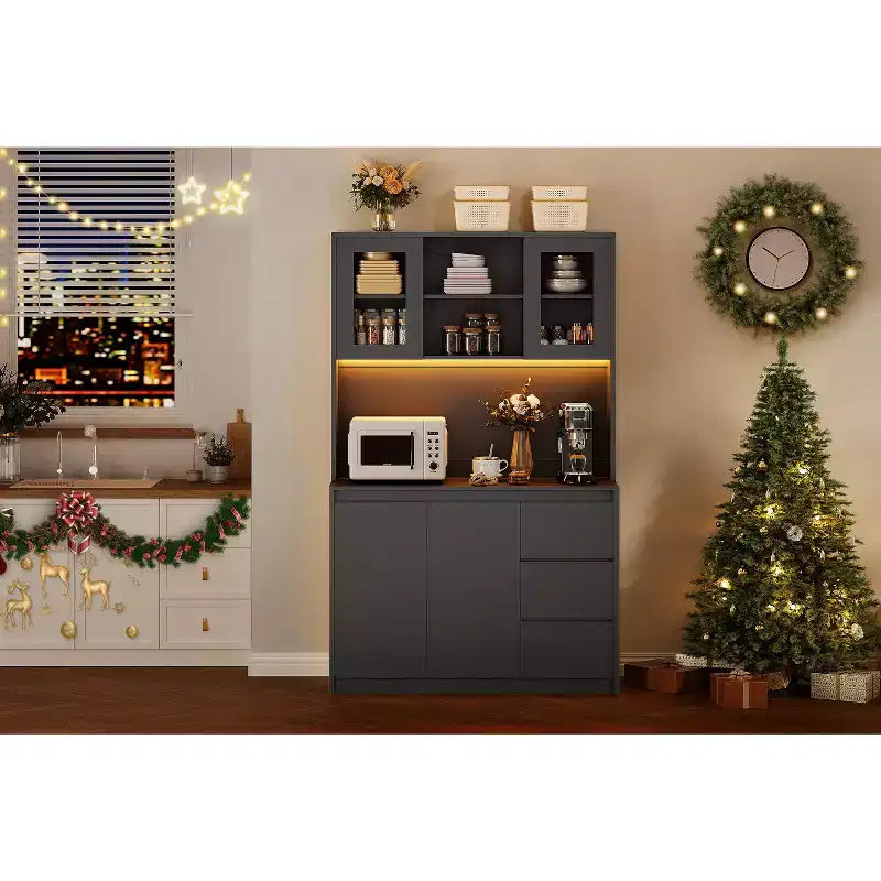 71 Tall Kitchen Pantry Cabinet, Kitchen Storage Hutch with Led Lights and Power Outlets Microwave Stand, Glass Door
