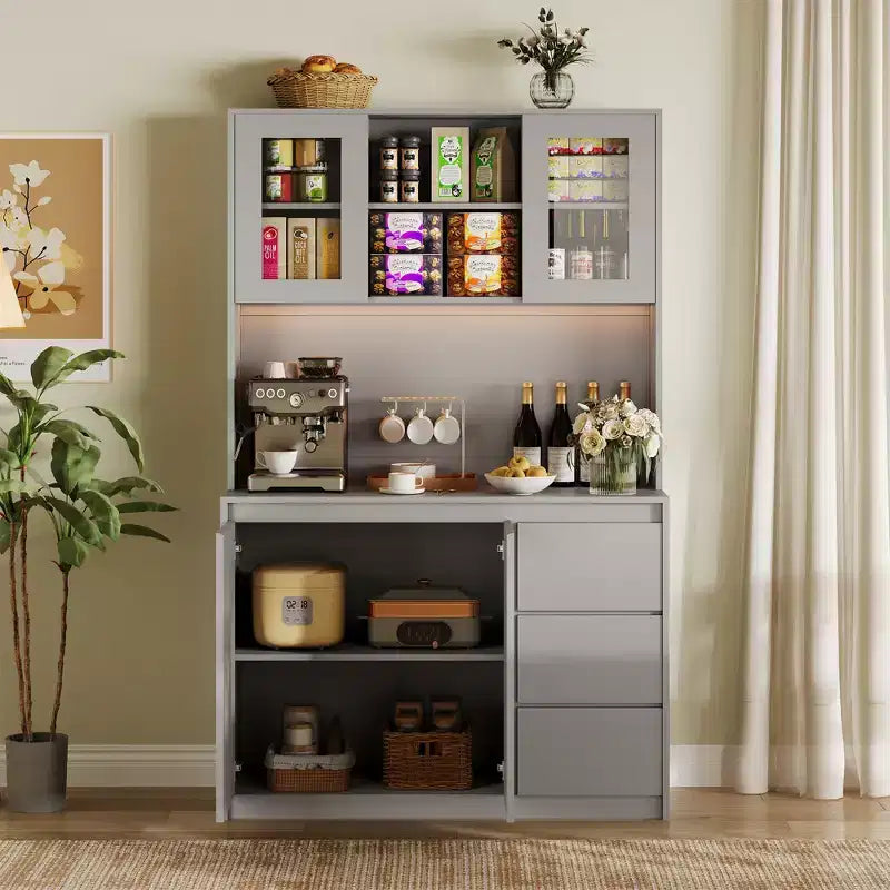71 Tall Kitchen Pantry Cabinet, Kitchen Storage Hutch with Led Lights and Power Outlets Microwave Stand, Glass Door